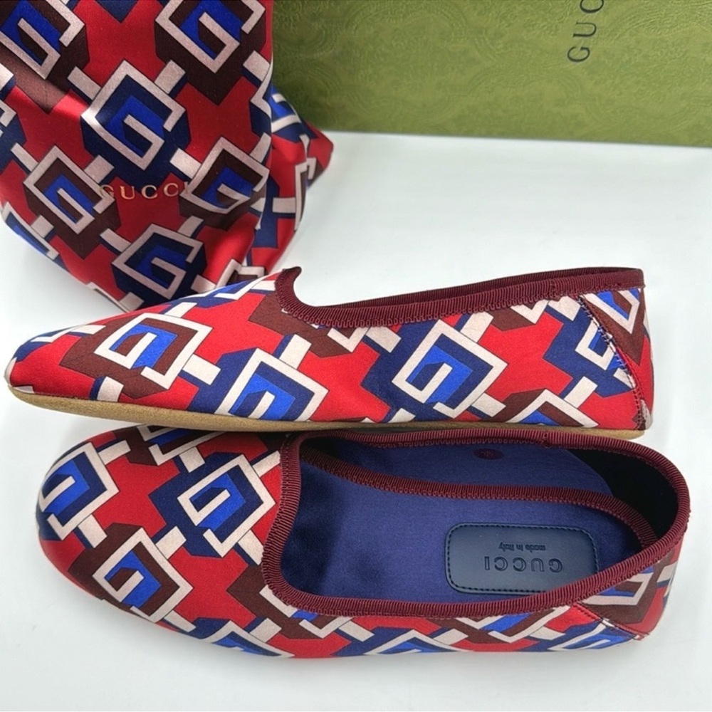 Gucci Red Satin Voyage Geometric G Print Slippers NEW in Box SZ 16 - Picture 12 of 12